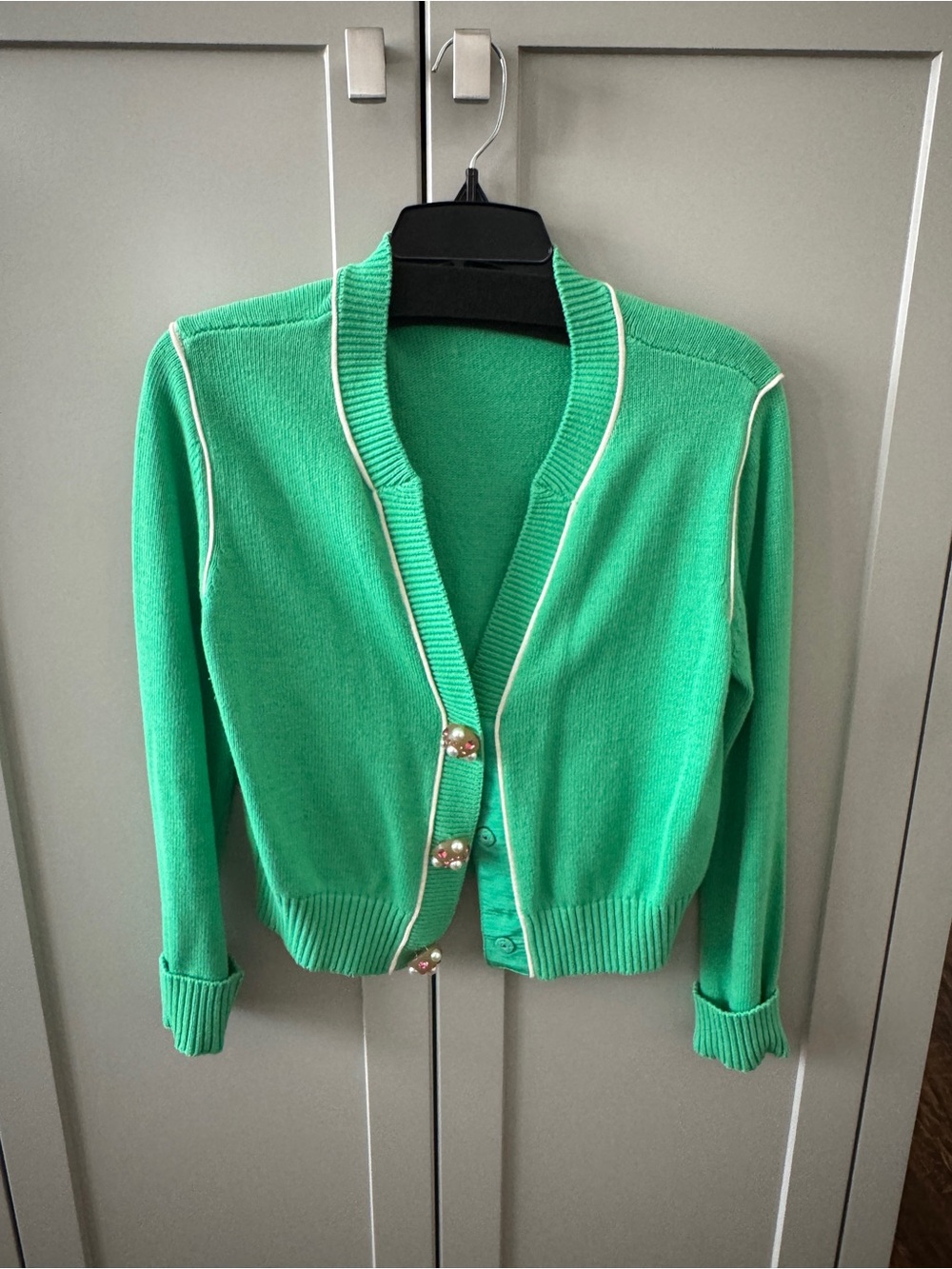 Cabi Jewel Button Cropped Cardigan Green Small
